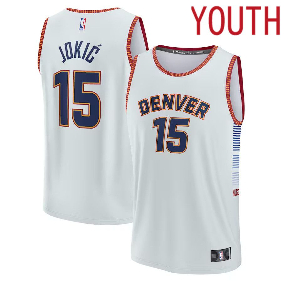 Youth Denver Nuggets 15 Nikola Jokic White Fanatics Branded Silver Fastbreak NBA Jersey